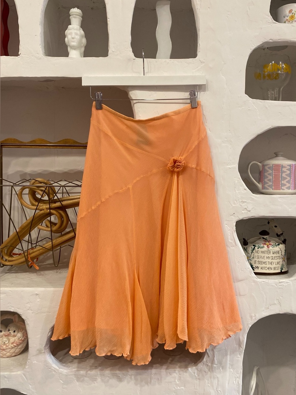 Y2K Vintage Peach Silk Crepe Chiffon Flowy A-Line Midi Skirt Handkerchief Hem